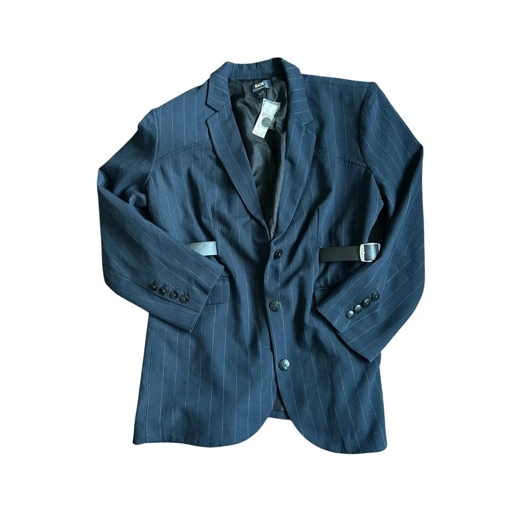 Maeve by Anthropologie Avery Belted Blazer Navy Pinstripe Women's Large NEW